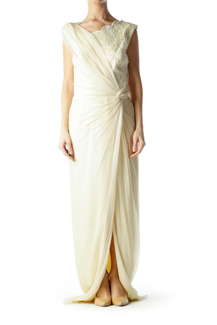 Cream Beaded Silk Embroidered Evening Gown