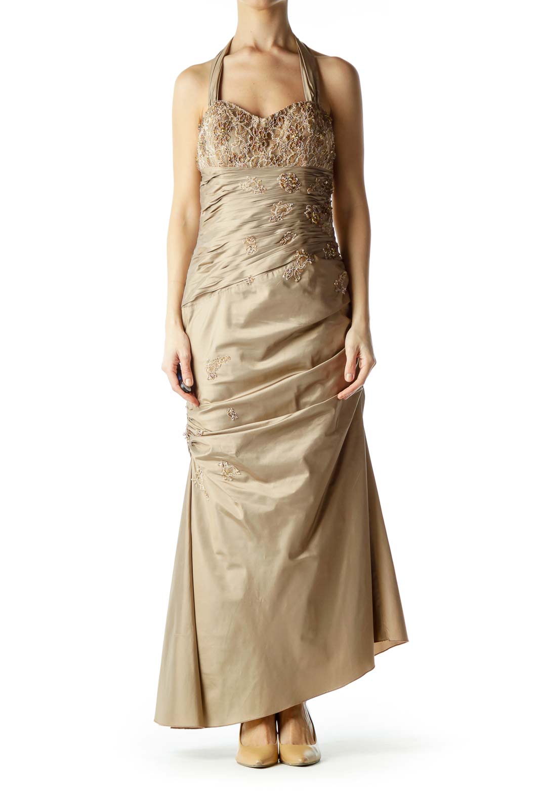 Gold Sweetheart Neckline Halter Evening Dress