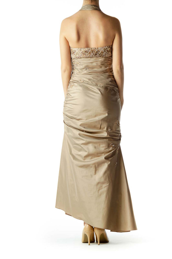 Gold Sweetheart Neckline Halter Evening Dress