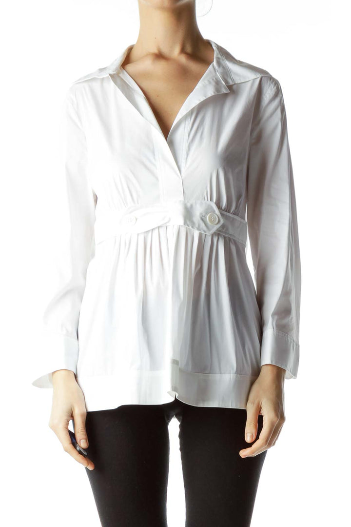 White Collared V-Neck Top with Bow