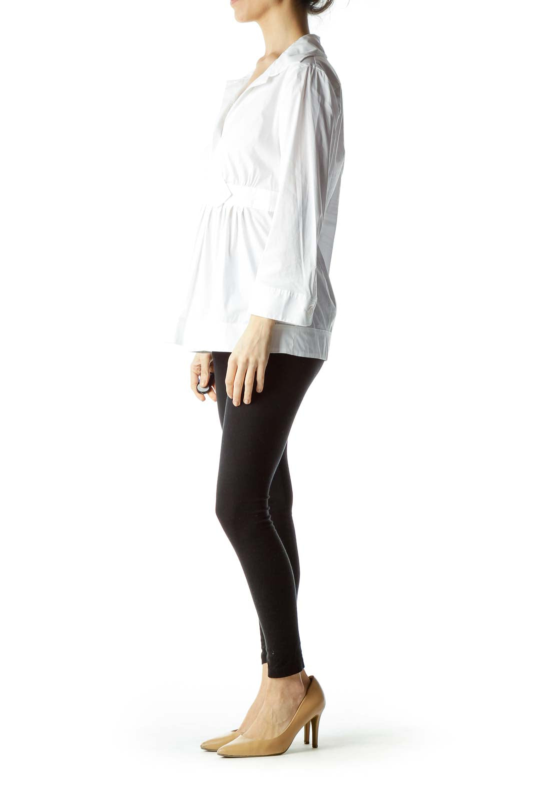 White Collared V-Neck Top with Bow