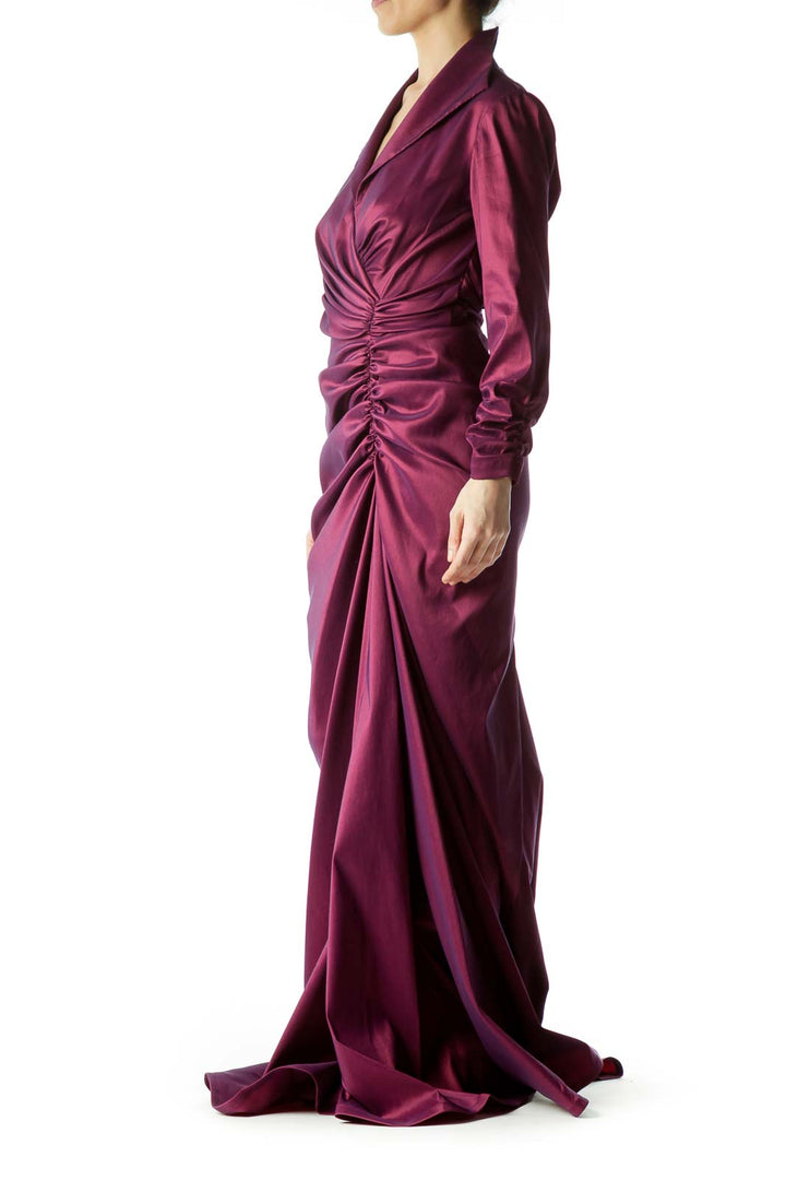 Burgundy Scrunch Detailed Long Sleeve Gown