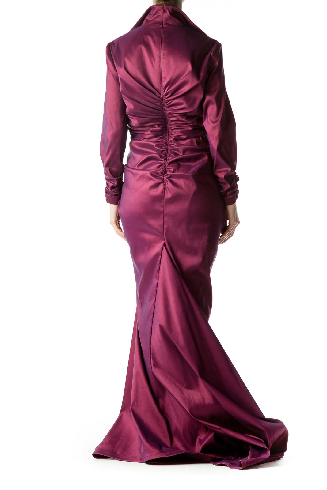 Burgundy Scrunch Detailed Long Sleeve Gown