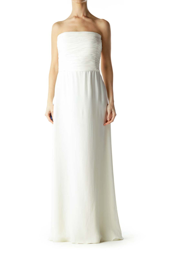 White Strapless Scrunched Evening Dress