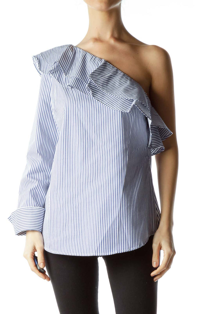 Blue White Pinstripe One-Shoulder Blouse