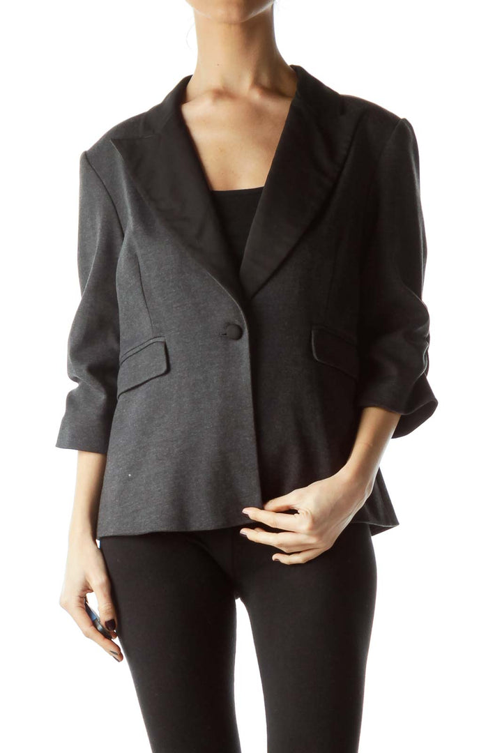 Black Dark Gray 3/4 Sleeves Pocketed Blazer