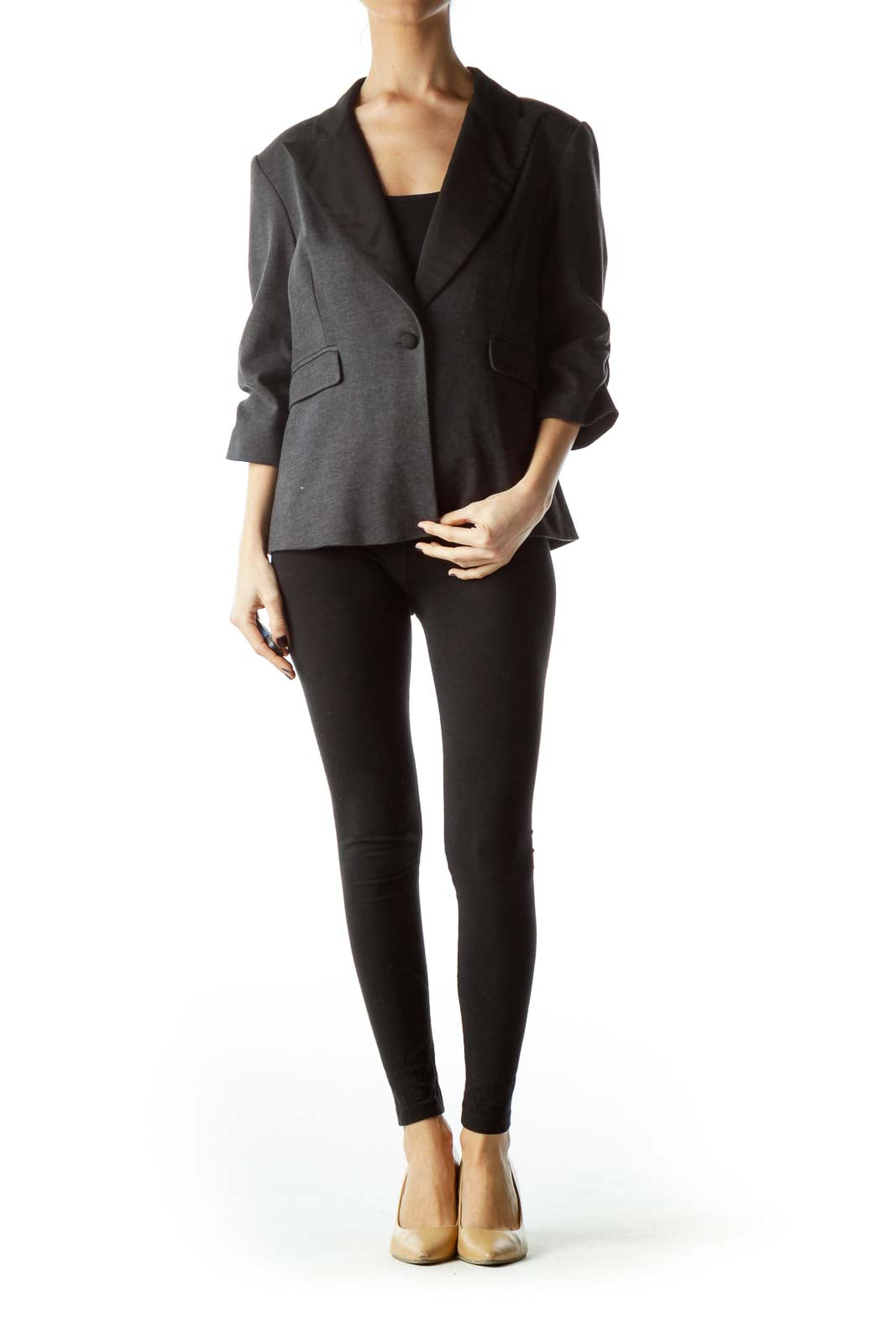 Black Dark Gray 3/4 Sleeves Pocketed Blazer