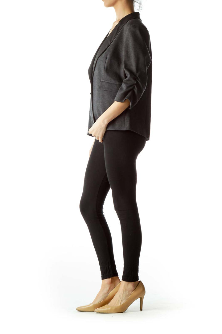 Black Dark Gray 3/4 Sleeves Pocketed Blazer