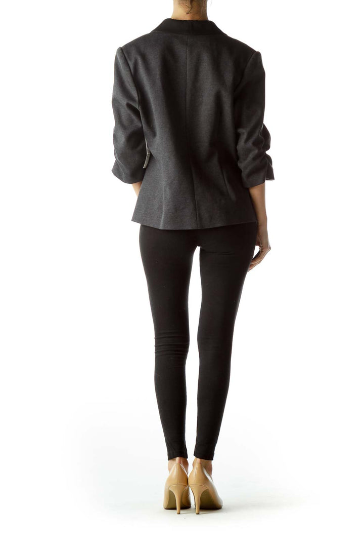 Black Dark Gray 3/4 Sleeves Pocketed Blazer