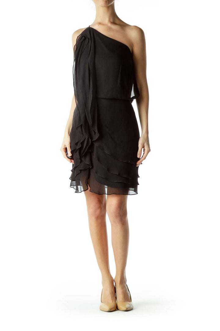 Black Asymmetric Ruffled Silk Dress