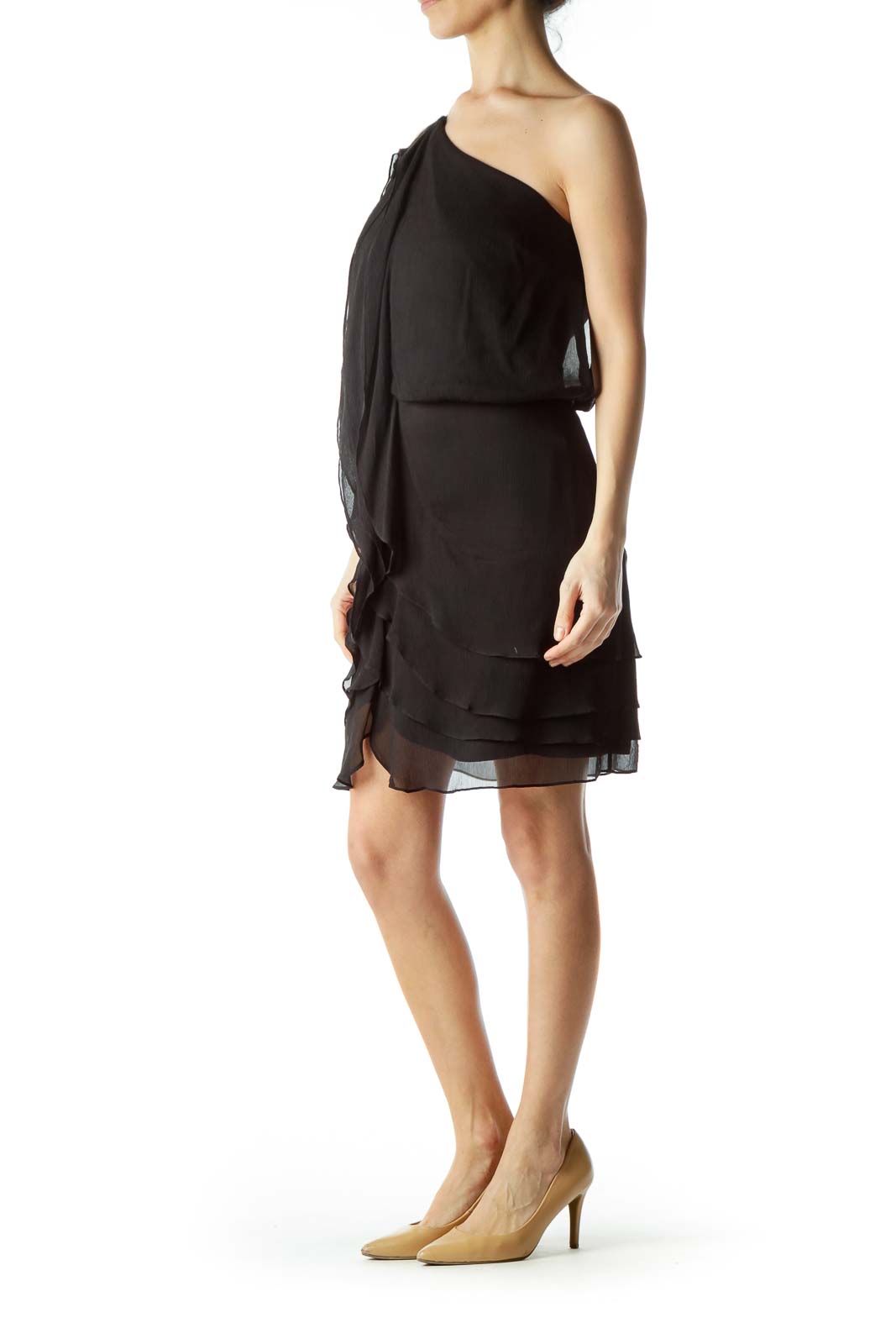 Black Asymmetric Ruffled Silk Dress