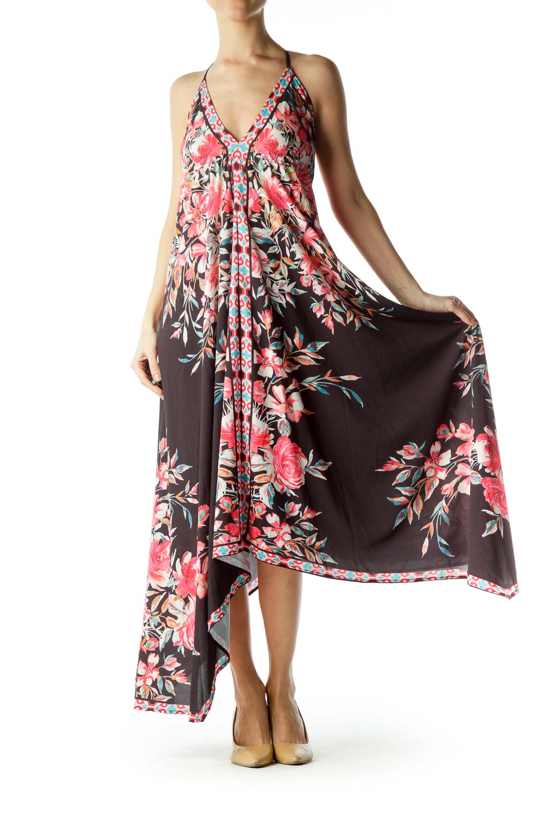 Black Pink Floral Print Maxi Dress