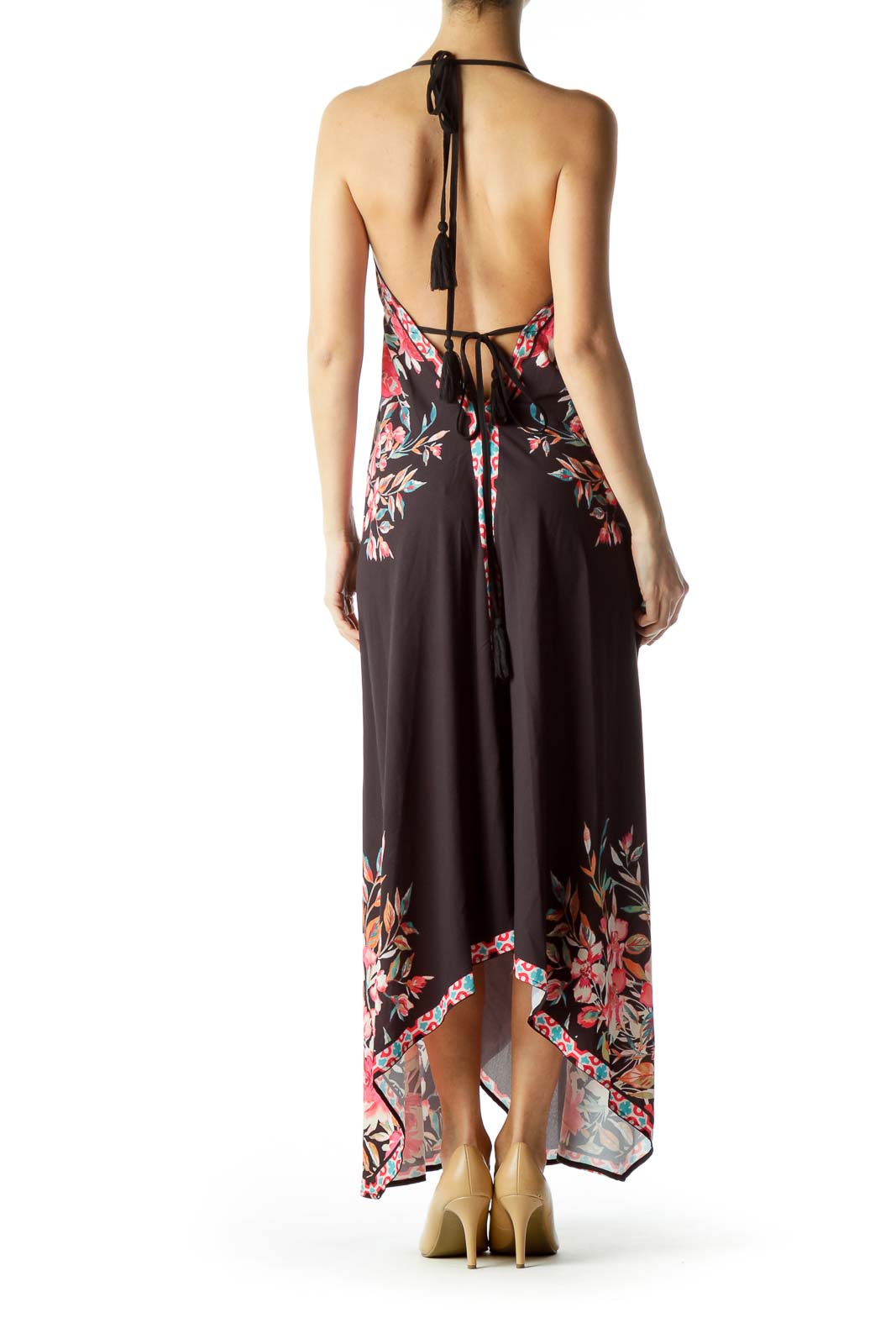 Black Pink Floral Print Maxi Dress