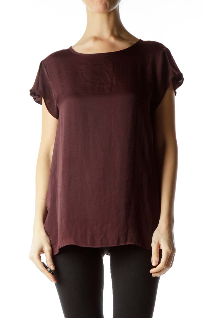 Burgundy Round Neck Short Sleeve Blouse