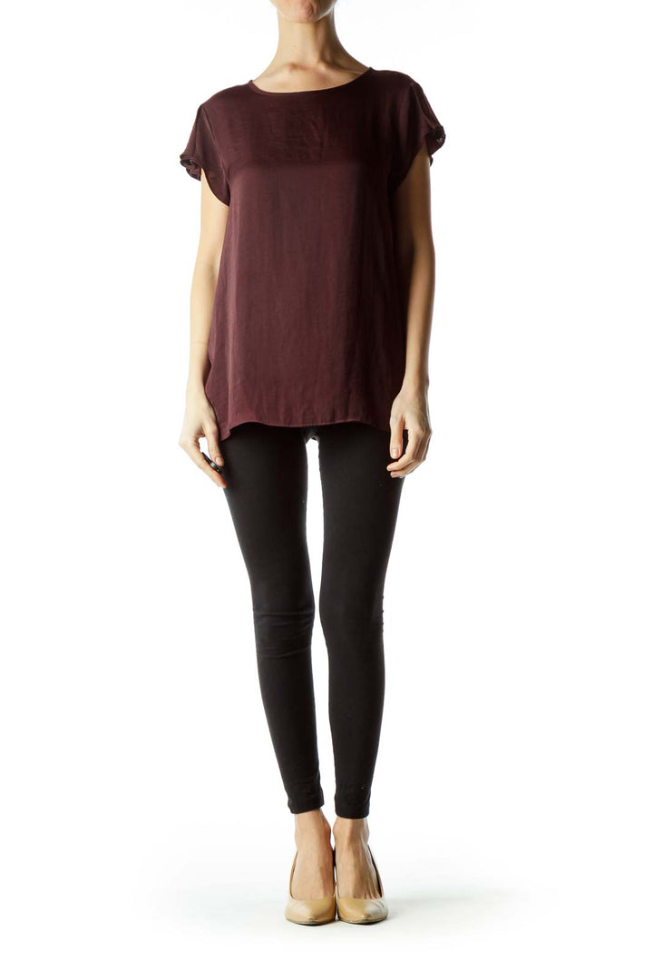 Burgundy Round Neck Short Sleeve Blouse