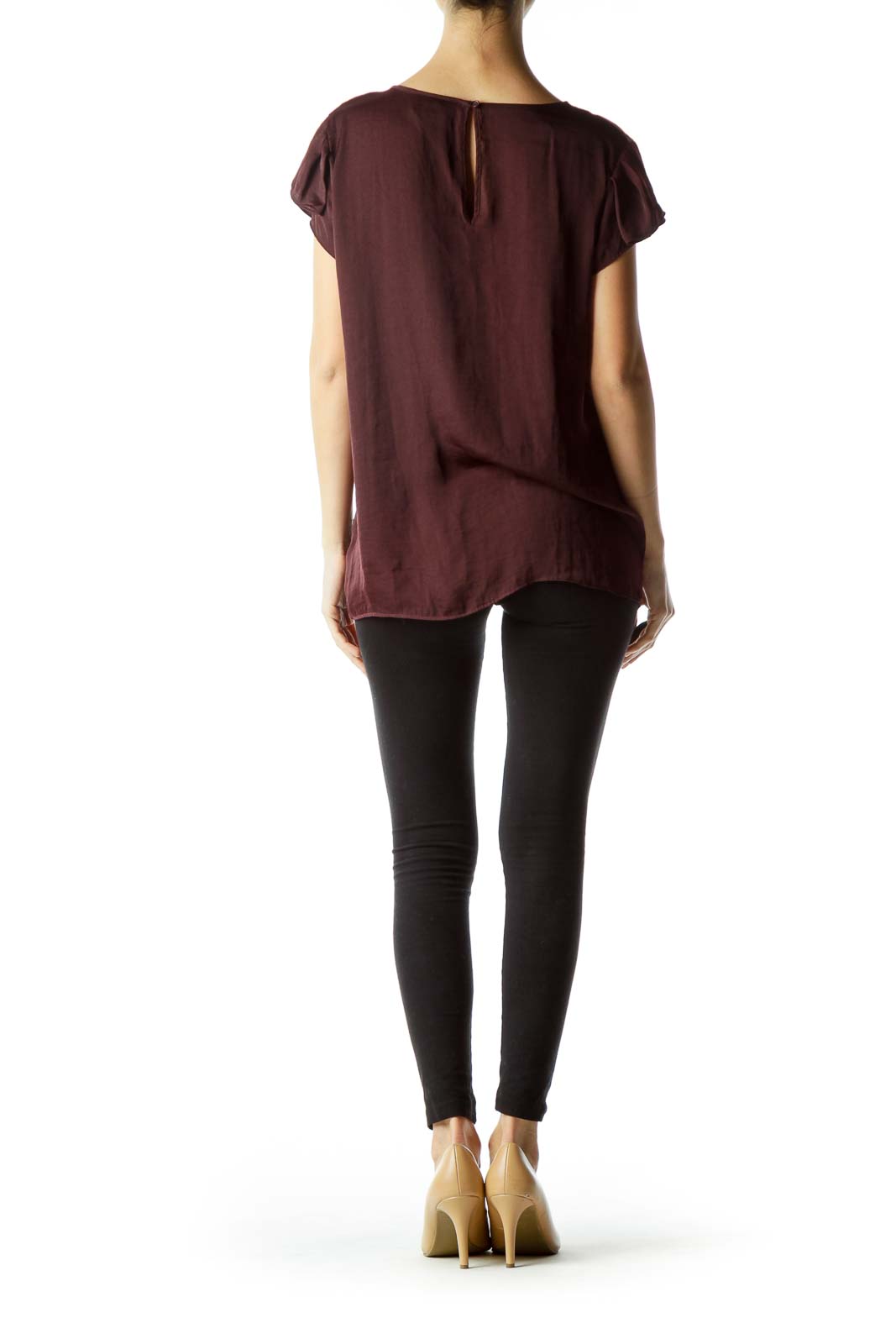 Burgundy Round Neck Short Sleeve Blouse