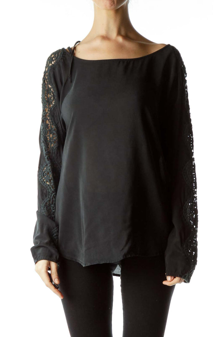 Black 100% Silk Knitted Sleeves Detail Blouse