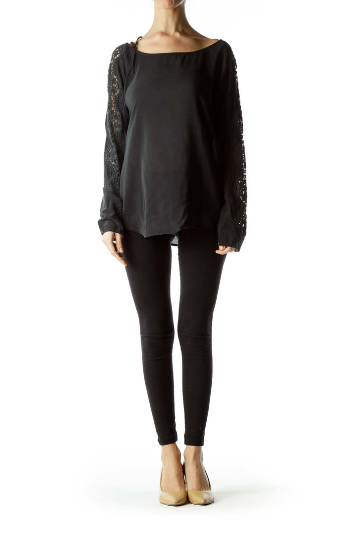 Black 100% Silk Knitted Sleeves Detail Blouse