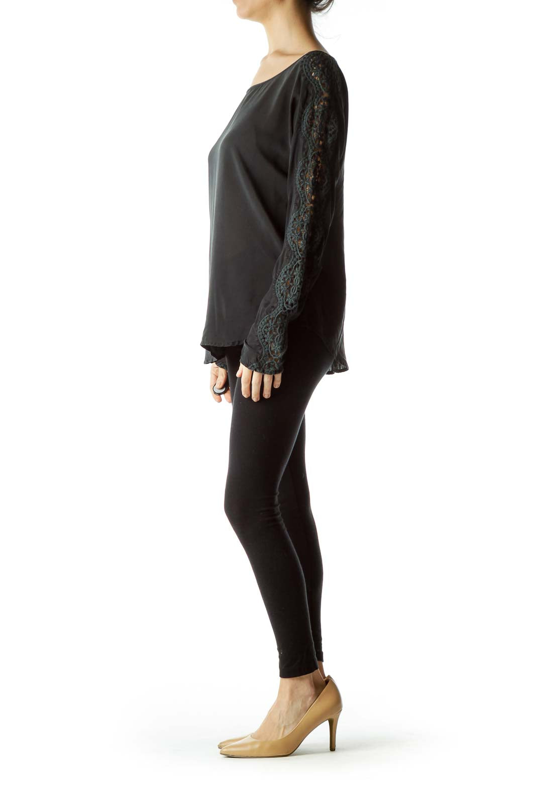 Black 100% Silk Knitted Sleeves Detail Blouse