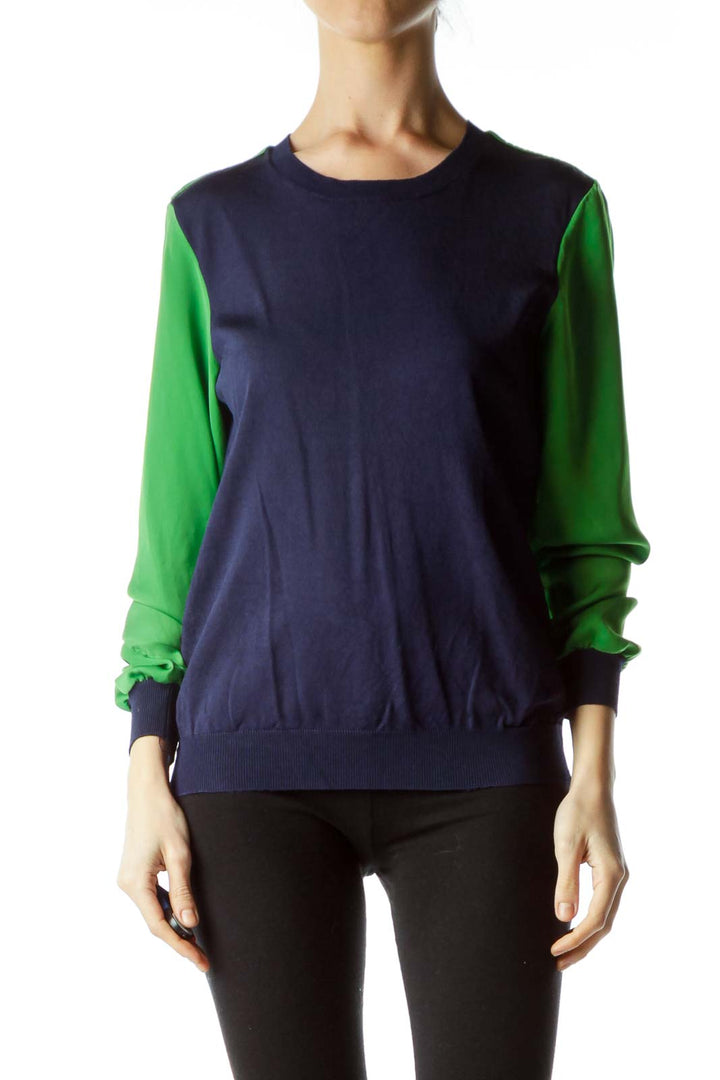 Navy Blue Green Two Textures Blouse