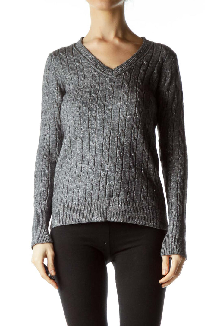 Gray Metallic Cable Knit Sweater