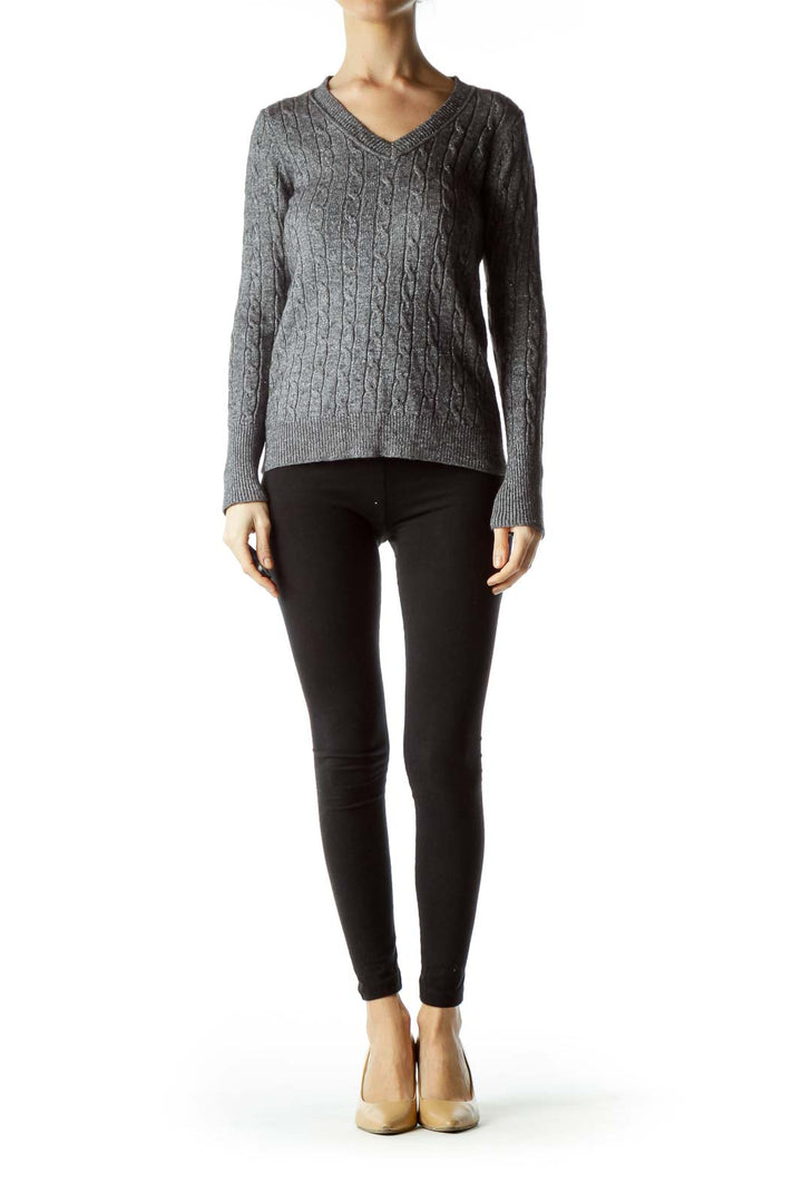 Gray Metallic Cable Knit Sweater