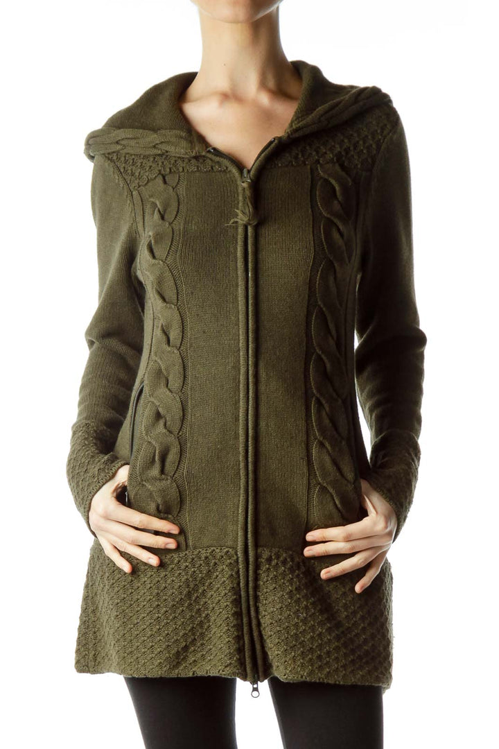 Olive Green Cable Knit Hooded Sweater