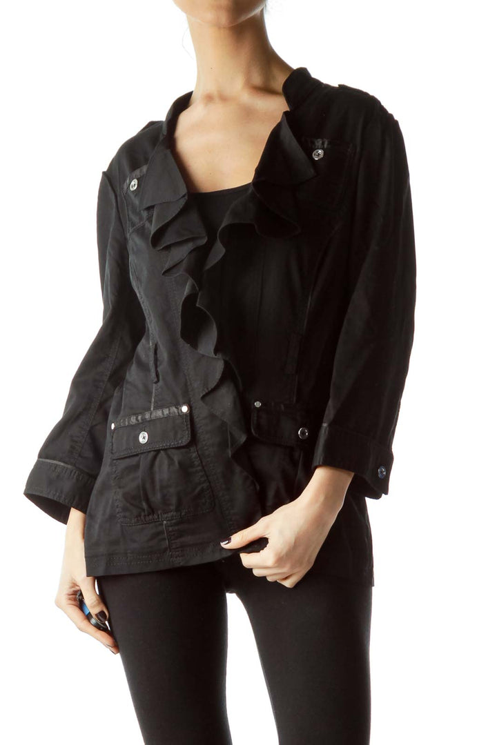 Black Metal Buttons Ruffled Pocketed Top