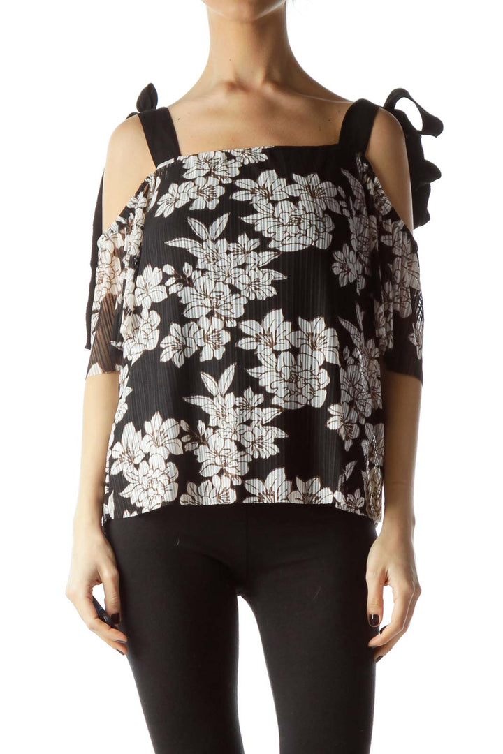 Black Cream Brown Floral Print Knit Top