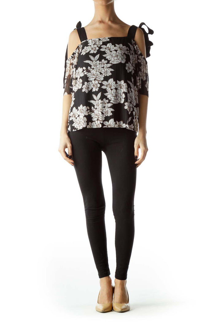 Black Cream Brown Floral Print Knit Top