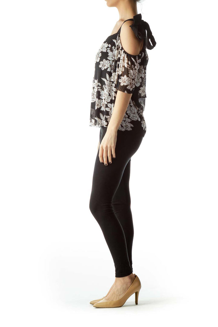 Black Cream Brown Floral Print Knit Top