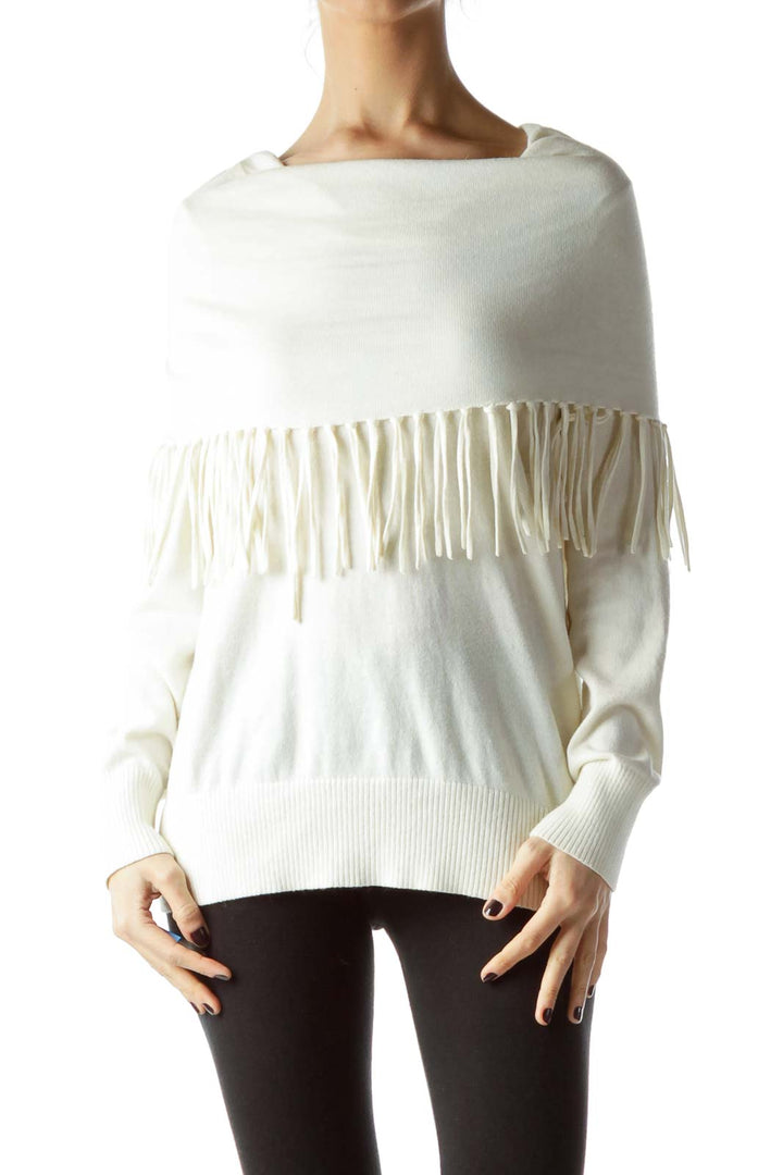 Cream High-Neck with Fringe Sweater