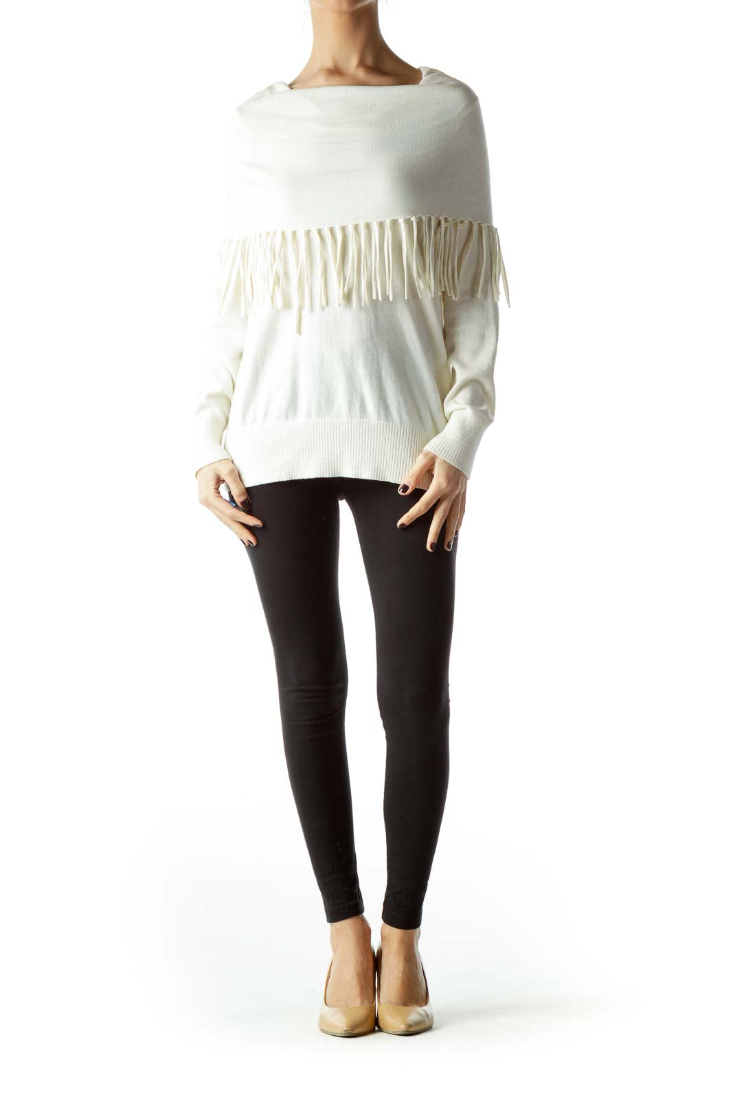 Cream High-Neck with Fringe Sweater