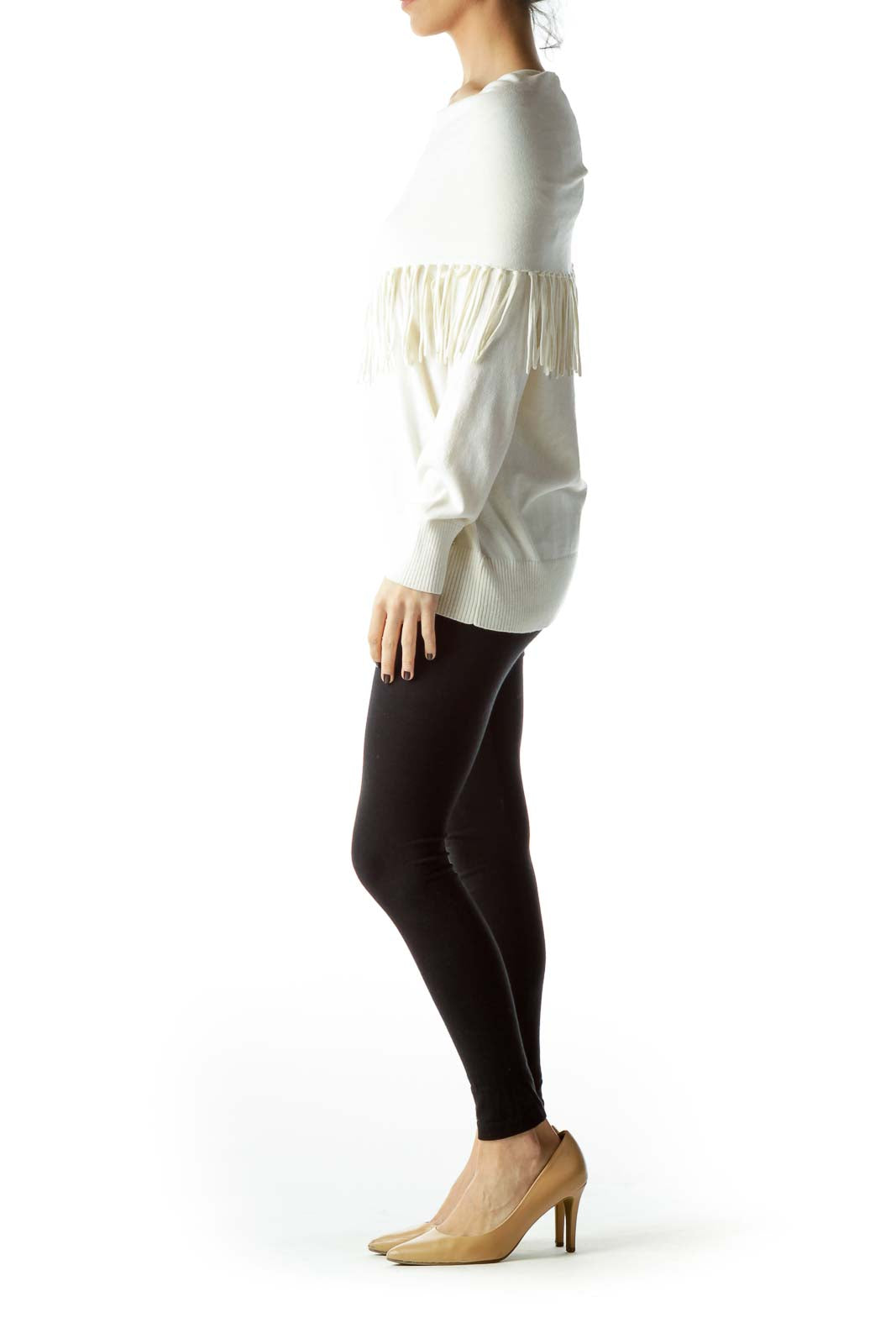 Cream High-Neck with Fringe Sweater