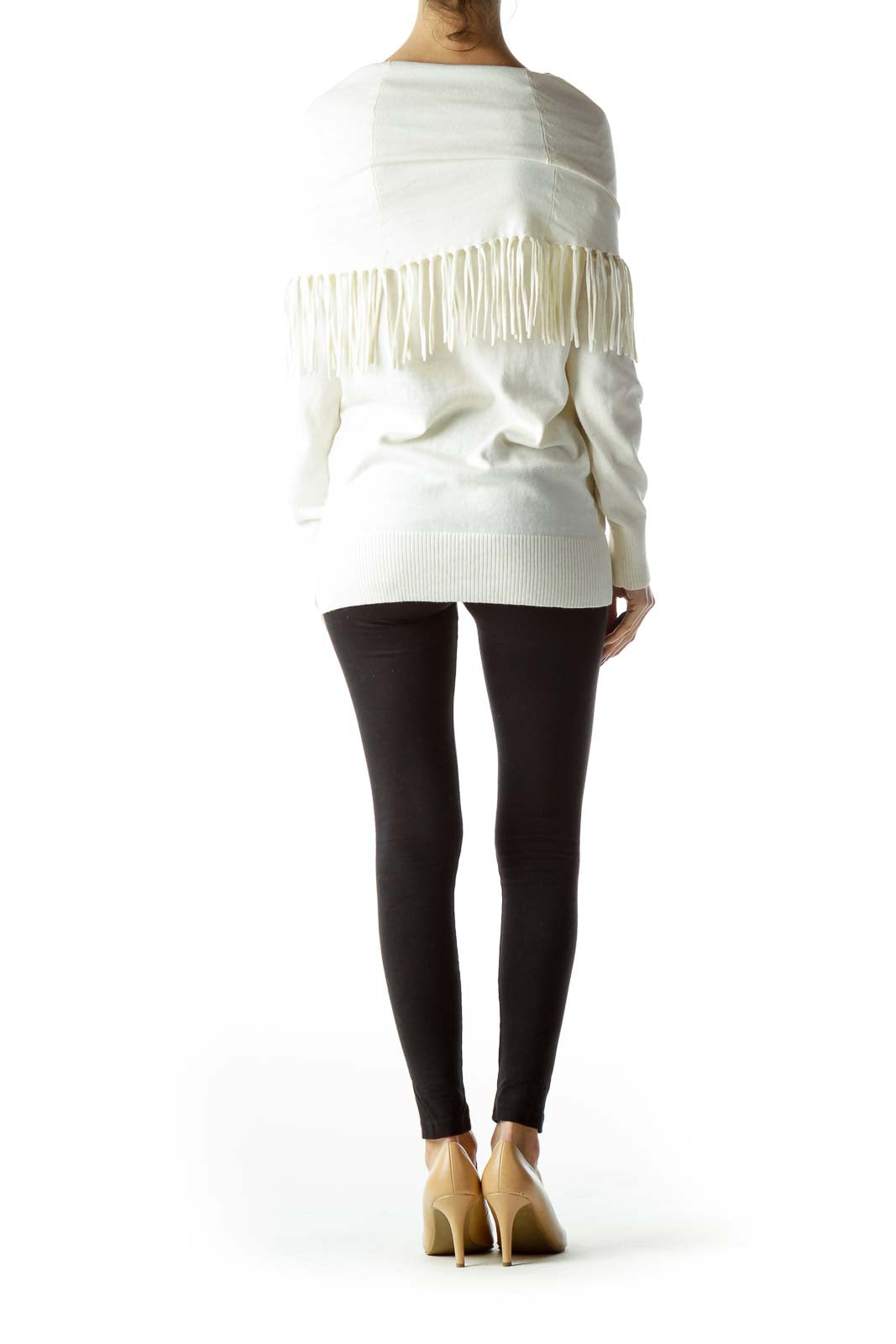 Cream High-Neck with Fringe Sweater