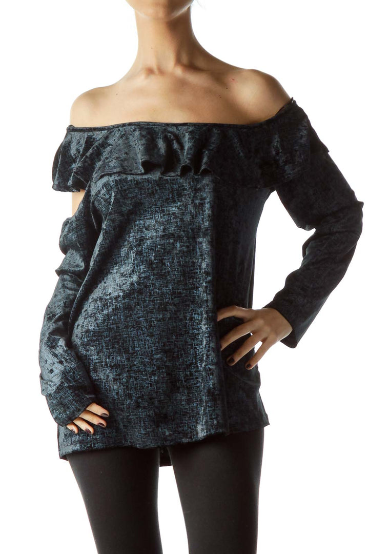 Blue Black Velvet Print Top with Ruffles