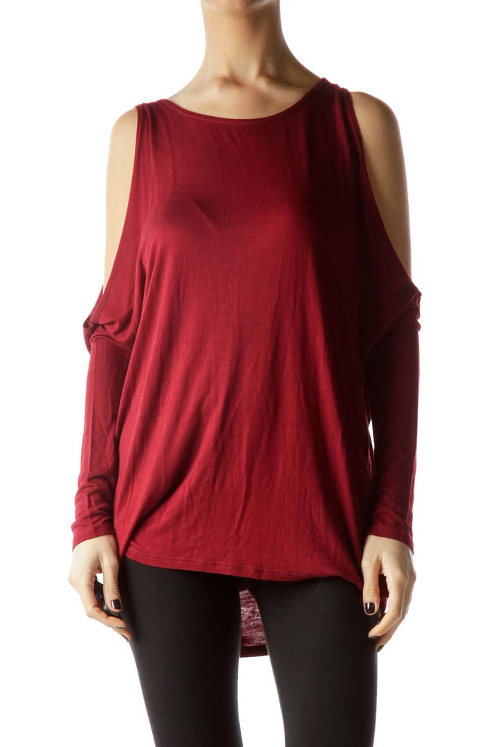 Burgundy Cold-Shoulder Stretch Blouse