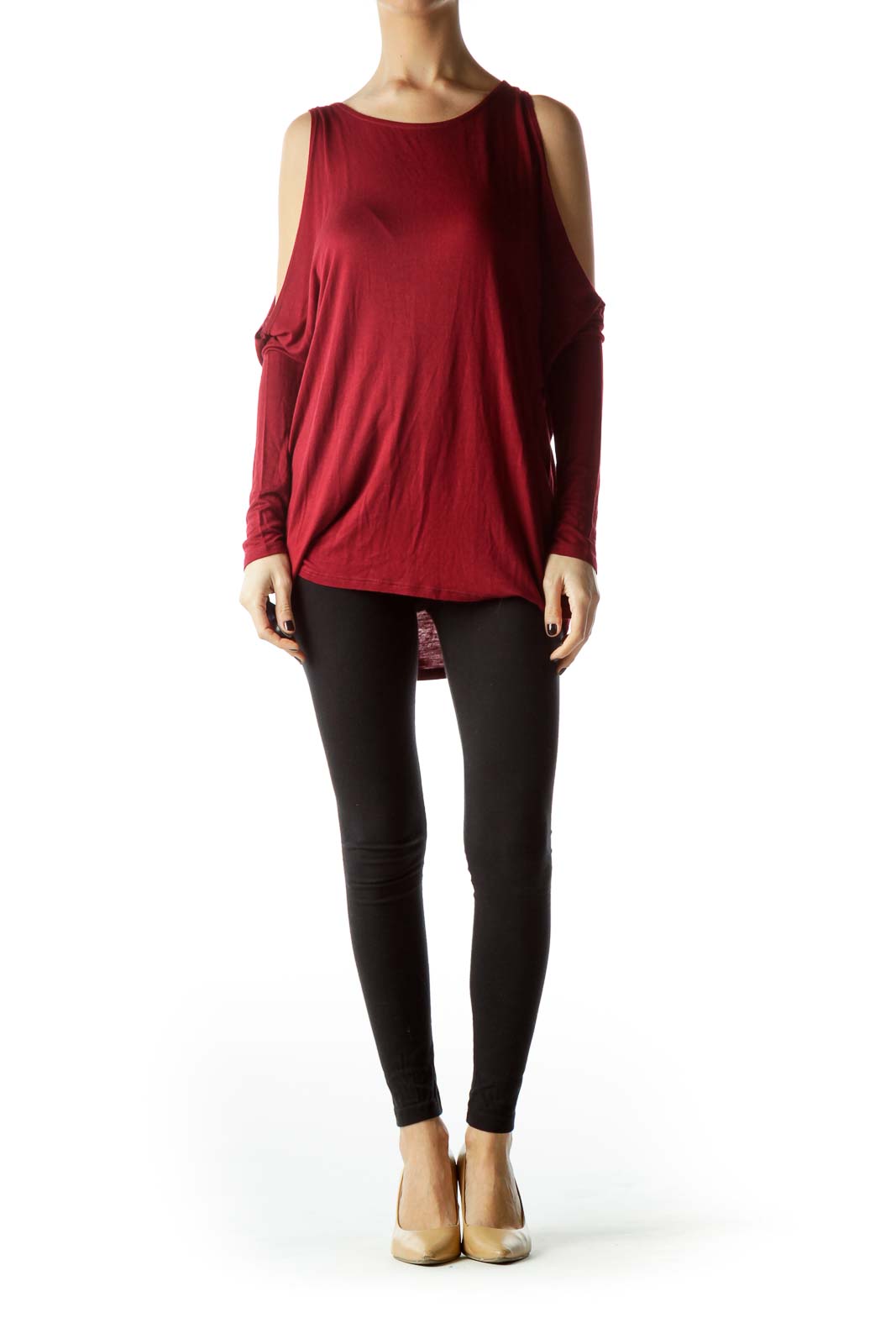 Burgundy Cold-Shoulder Stretch Blouse