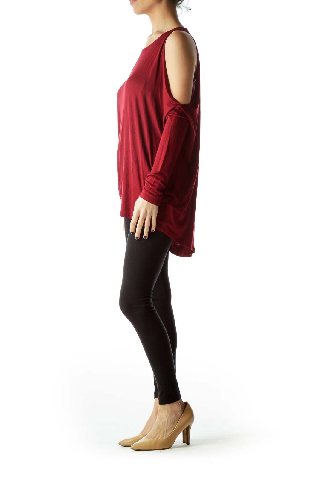 Burgundy Cold-Shoulder Stretch Blouse