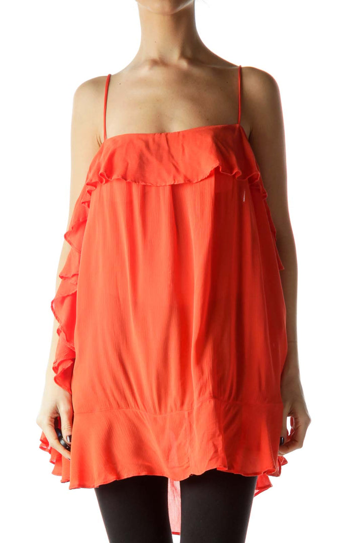 Front view of Free People coral ruffled spaghetti strap top on mannequin