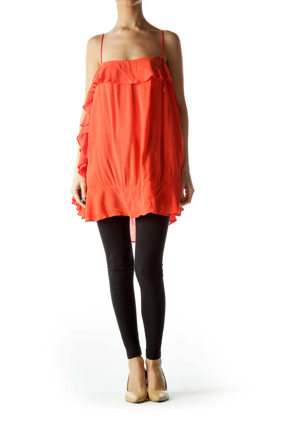 Front view of Free People coral ruffled spaghetti strap top on mannequin