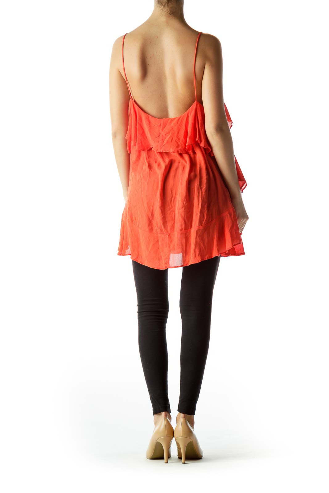 Back view of Free People coral ruffled spaghetti strap top on mannequin