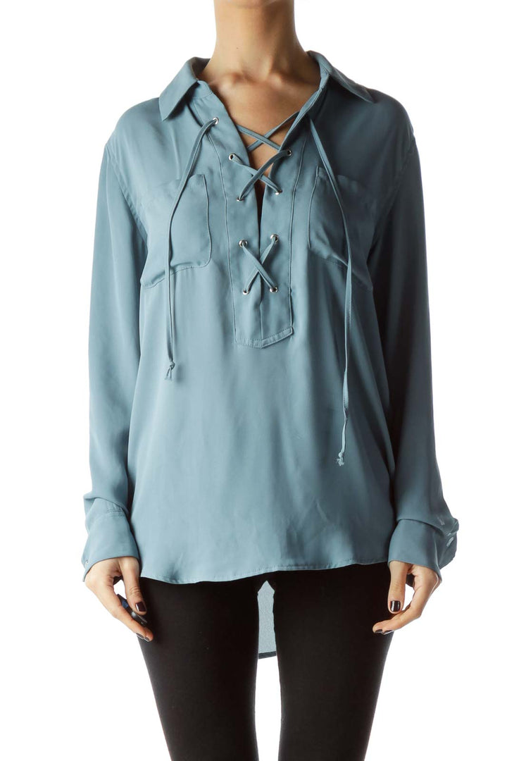 Teal Blue Front Drawstring Long Sleeve Blouse