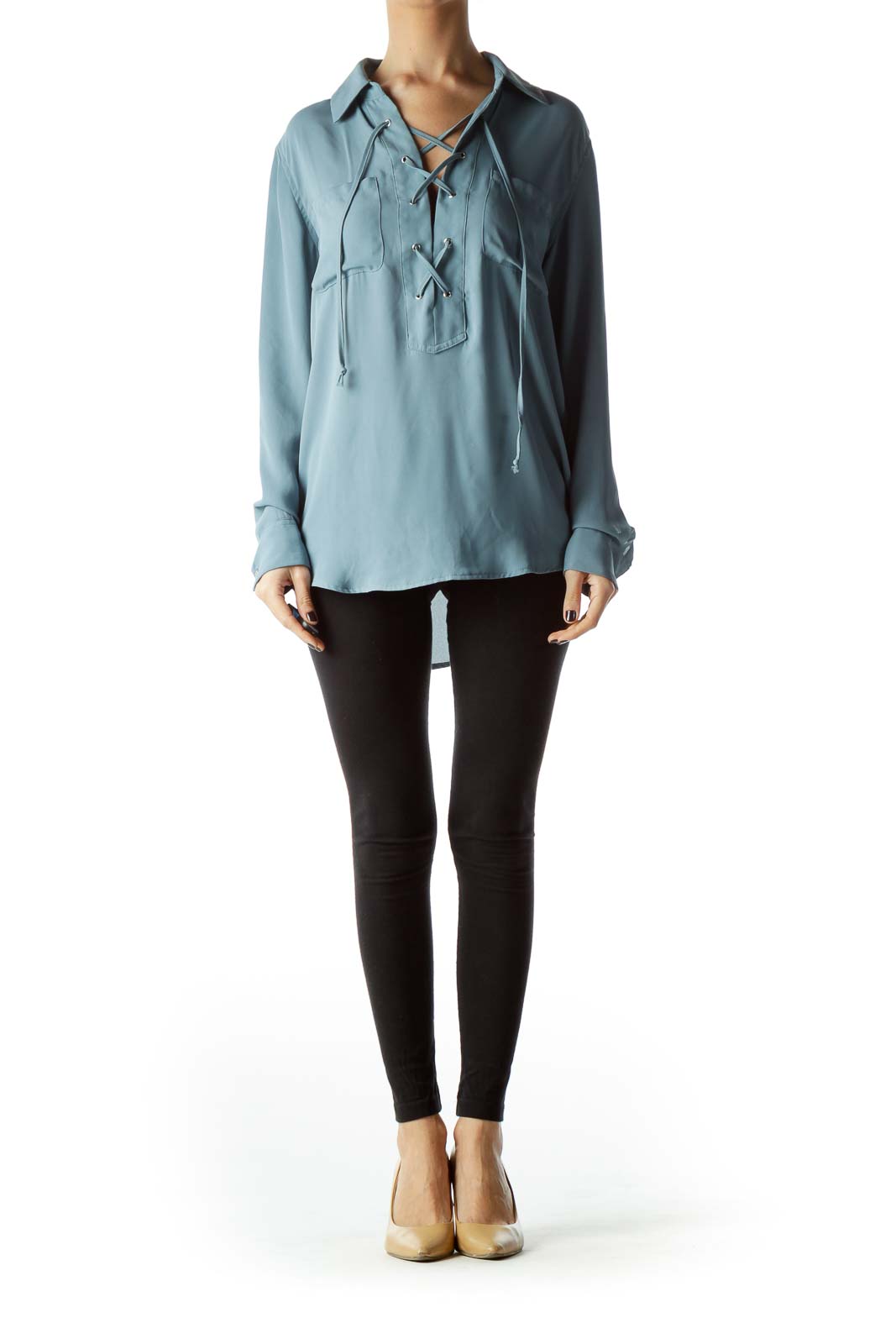 Teal Blue Front Drawstring Long Sleeve Blouse