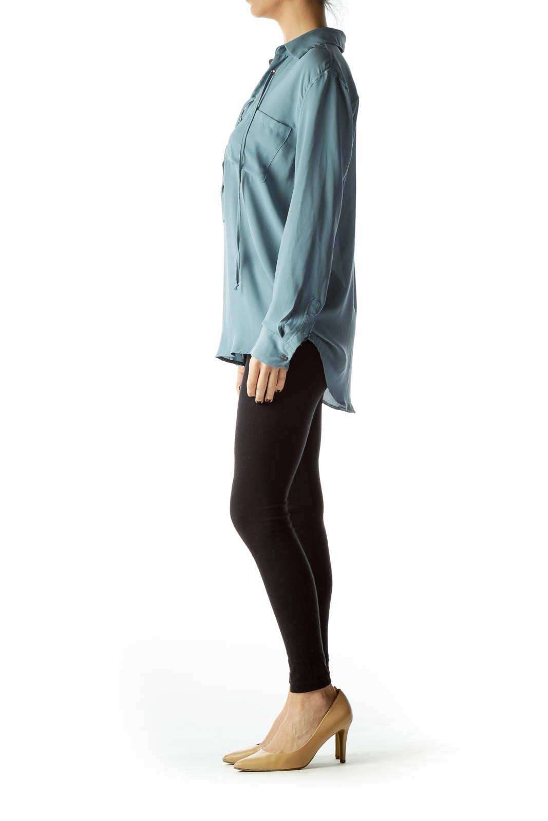 Teal Blue Front Drawstring Long Sleeve Blouse