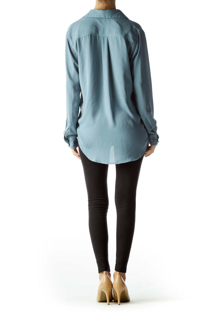 Teal Blue Front Drawstring Long Sleeve Blouse