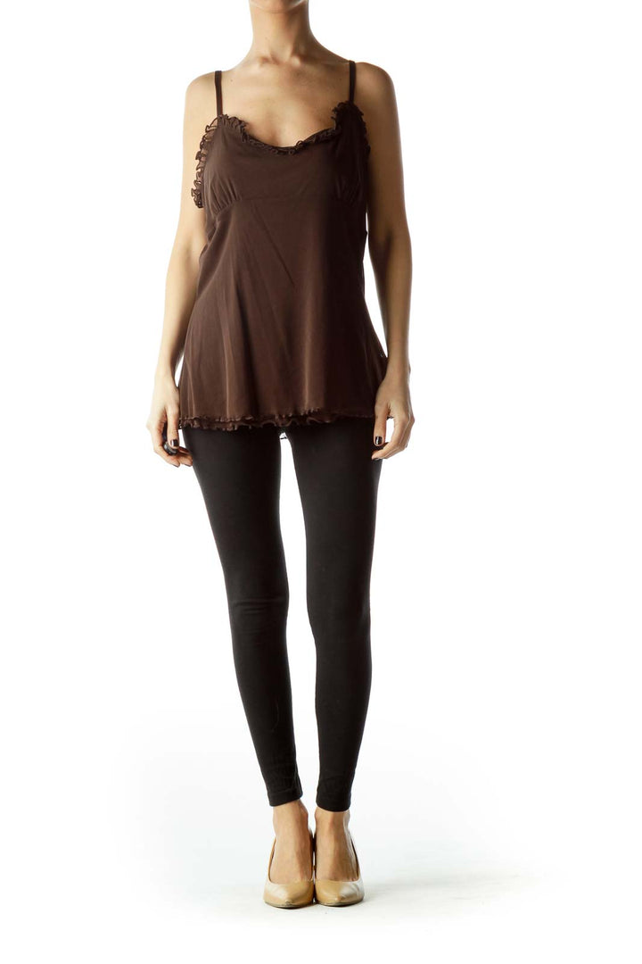 Brown Spaghetti Straps Sheer Top with Ruching