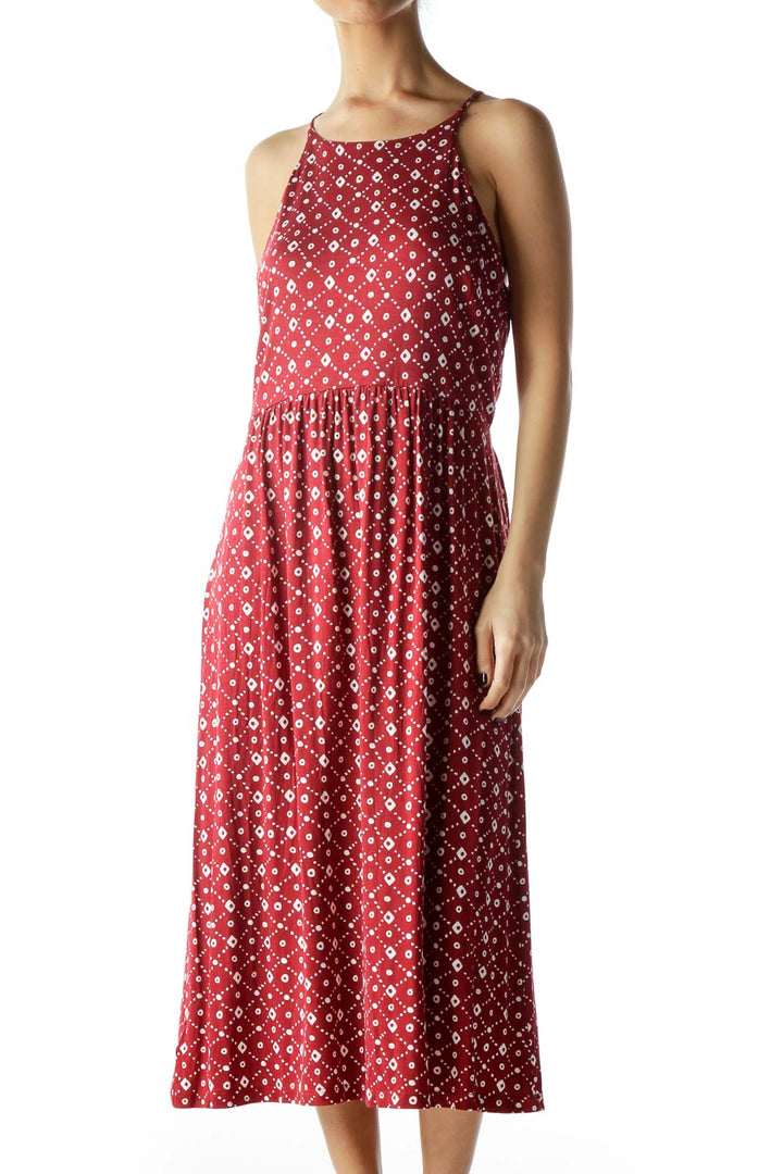 Red White Print Halter Neckline Jersey Dress