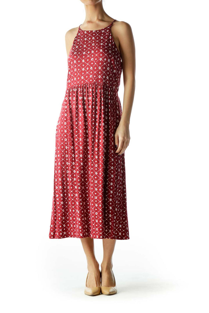 Red White Print Halter Neckline Jersey Dress