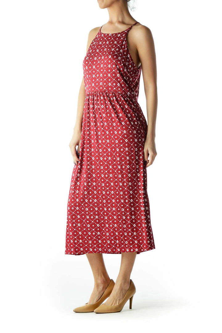 Red White Print Halter Neckline Jersey Dress